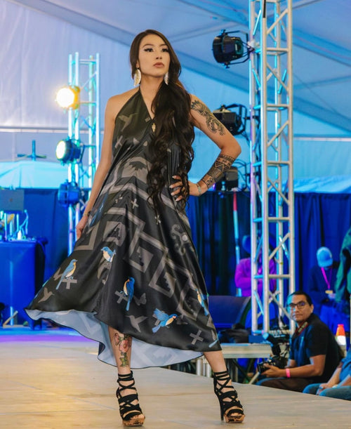 Blue Bird Blessings Halterneck Silk Dress
